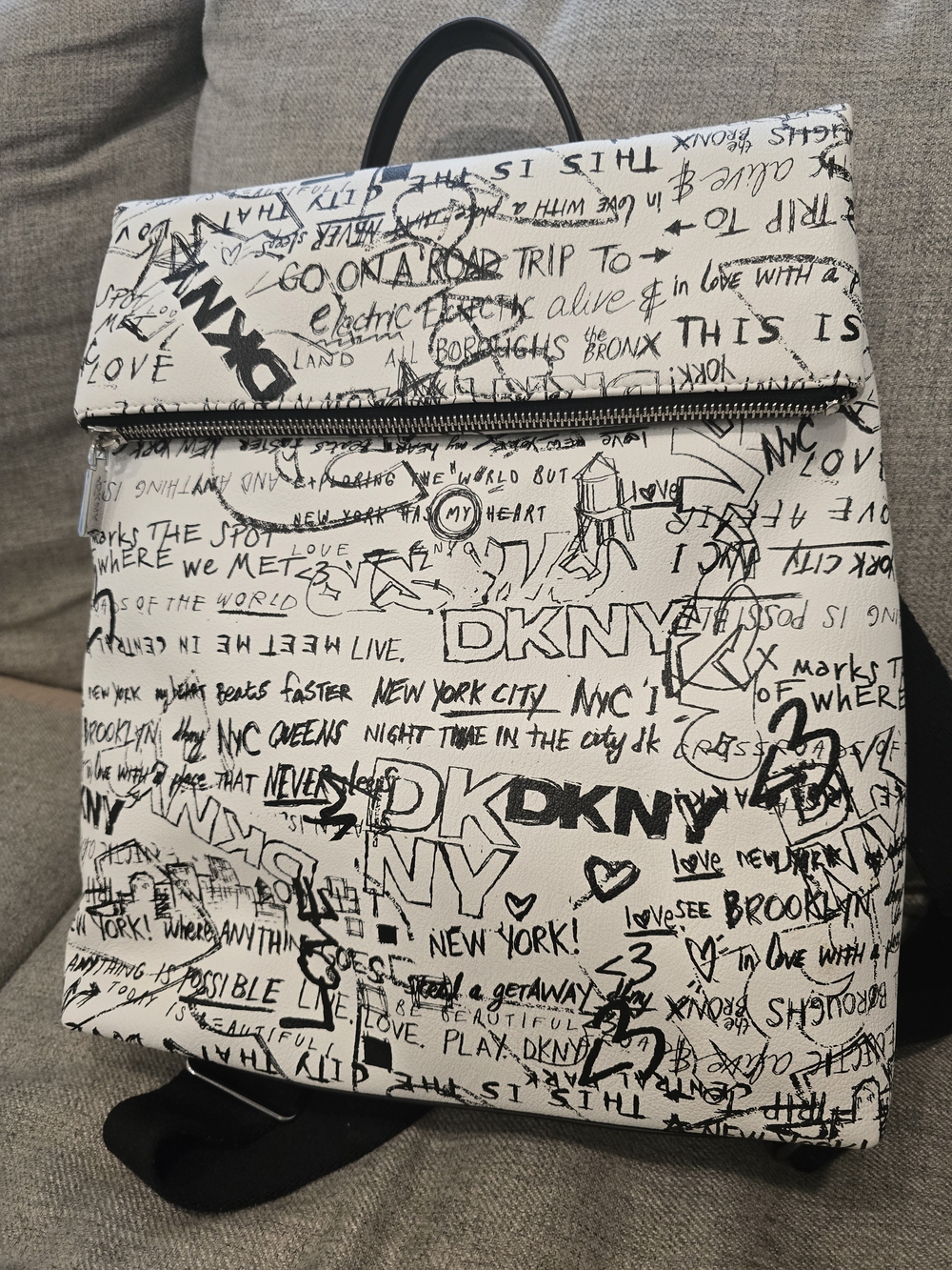 DKNY White Backpack with Black Graffiti Script